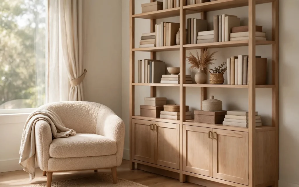 Tall wooden bookshelf with books and storage compartments in a study corner — we buy used bookshelves across the UAE