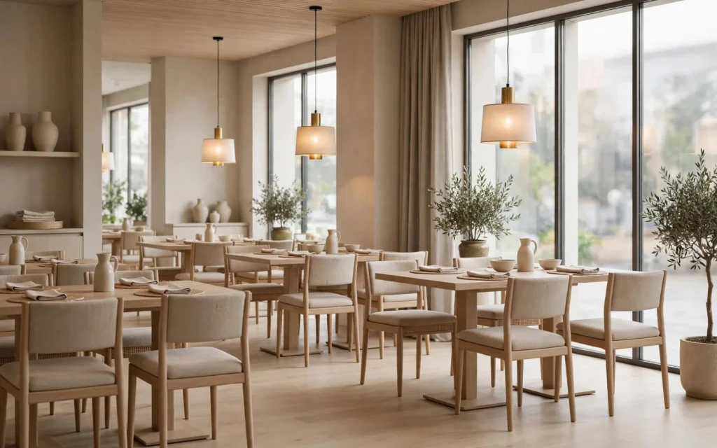 Wooden restaurant dining tables and chairs arranged in a bright dining area — we buy used hotel and restaurant furniture across the UAE