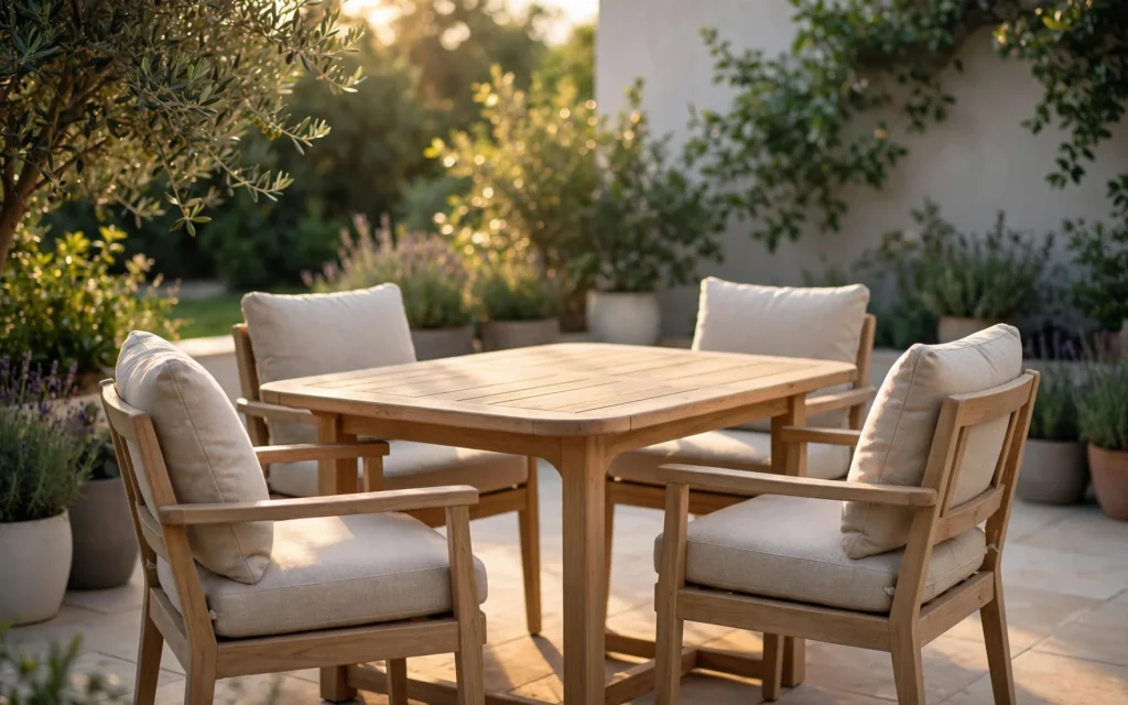 Wooden garden table with four cushioned chairs on a sunny patio — we buy used outdoor furniture across the UAE