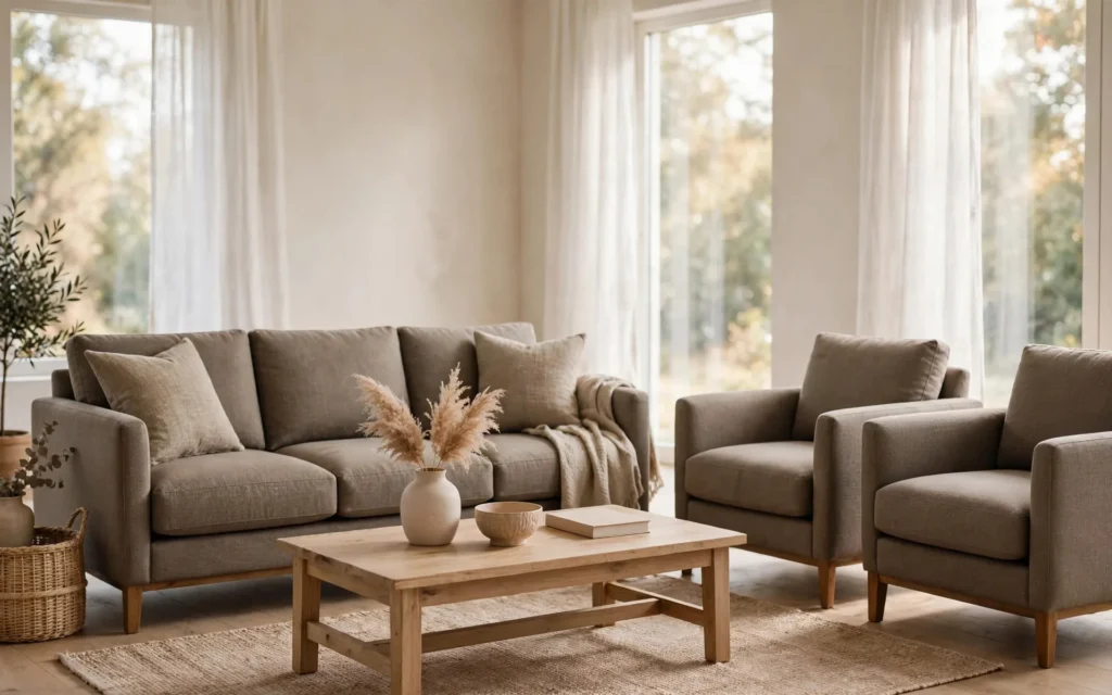 Gray fabric three-seater sofa with matching armchairs in a sunlit living room — we buy used sofas across the UAE
