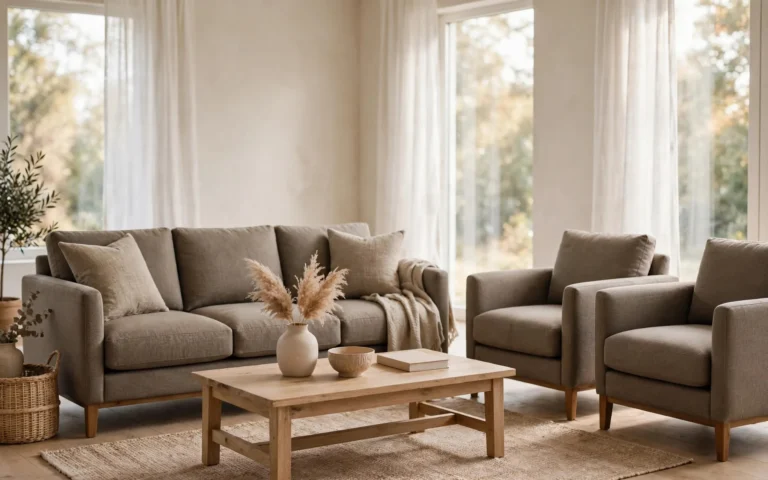Grey fabric three-seater sofa with armchairs — we buy used sofas across the UAE