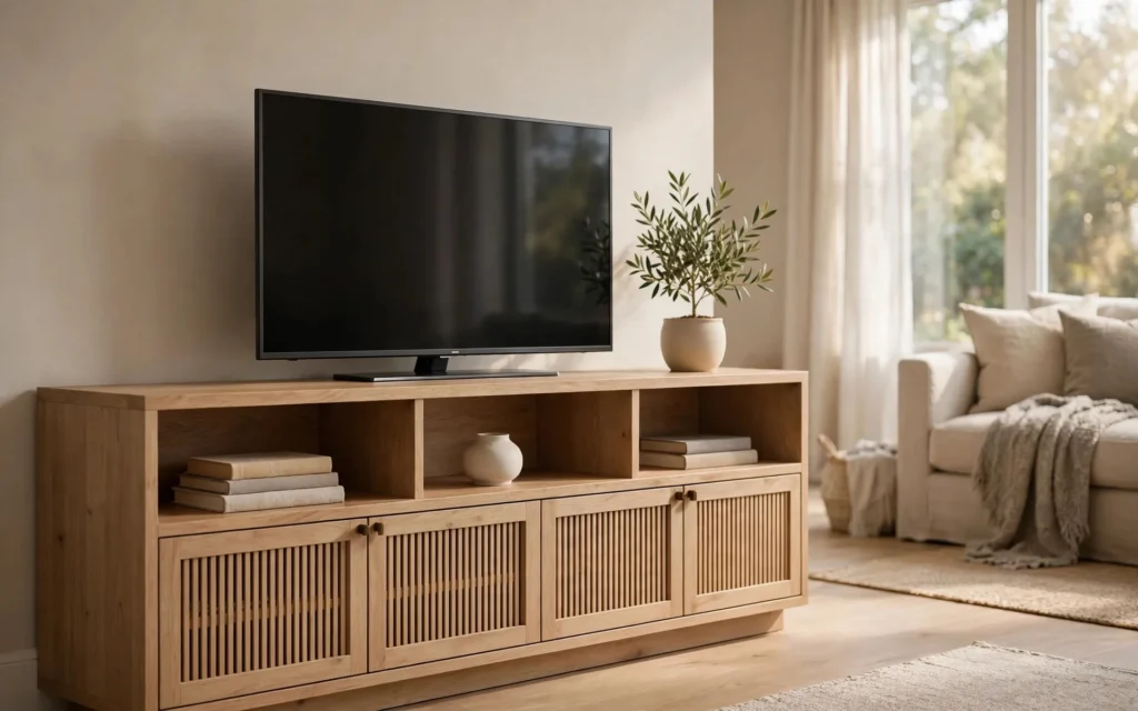 Wooden TV entertainment unit with open shelves and storage in a neutral living room — we buy used TV units across the UAE
