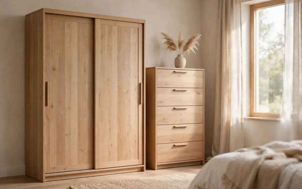 Light-wood sliding-door wardrobe with matching tall cabinet in a bright bedroom — we buy used wardrobes across the UAE